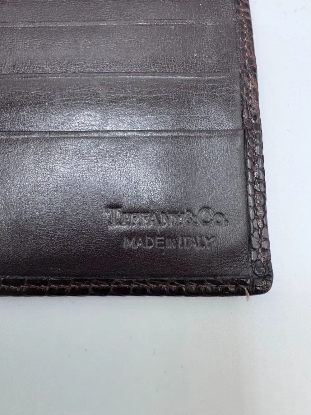 Tiffany & Co Embossed Brown Leather Slim Wallet Checkbook Cover Card Holder